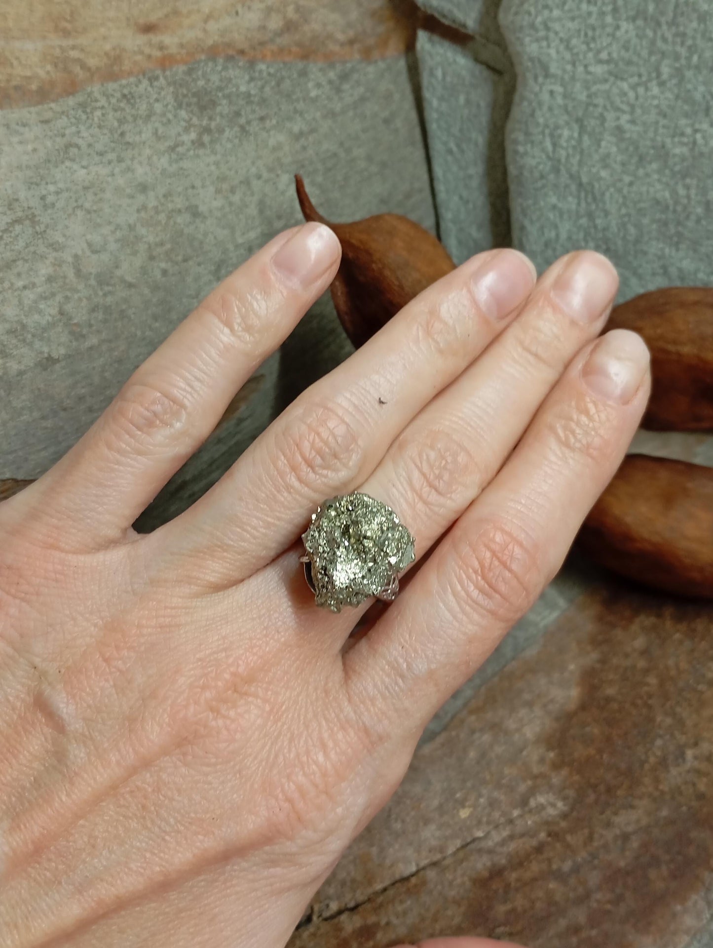 Big Sparkly Raw Pyrite ring adjustable  open finger stainless steel ring,attracts success wealth property crystal cluster ring, natural gem