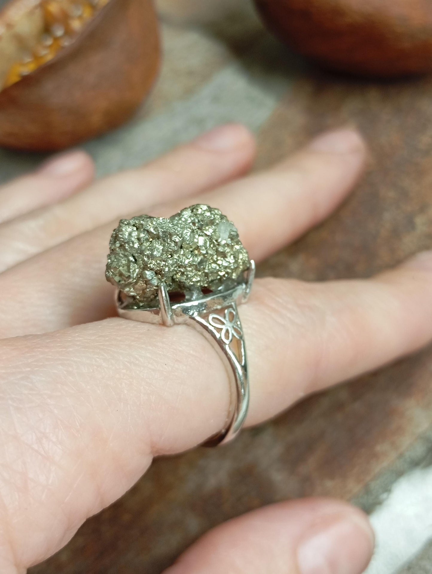 Big Sparkly Raw Pyrite ring adjustable  open finger stainless steel ring,attracts success wealth property crystal cluster ring, natural gem