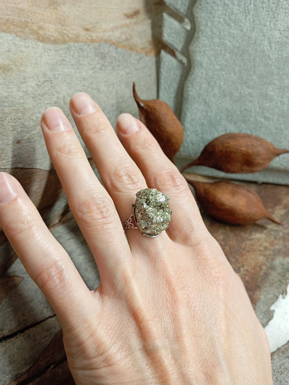 Big Sparkly Raw Pyrite ring adjustable  open finger stainless steel ring,attracts success wealth property crystal cluster ring, natural gem