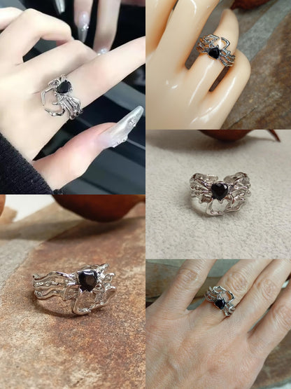 Black cubic zirconia heart spider ring, gothic punk animal, creative vintage, Halloween, stunning, party adjustable finger ring