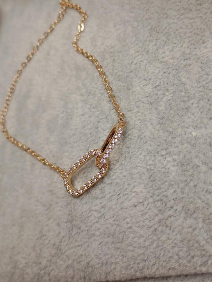 Gold Rhinestone Link Pendant Necklace – Double Oval Chain, Elegant Minimal Choker