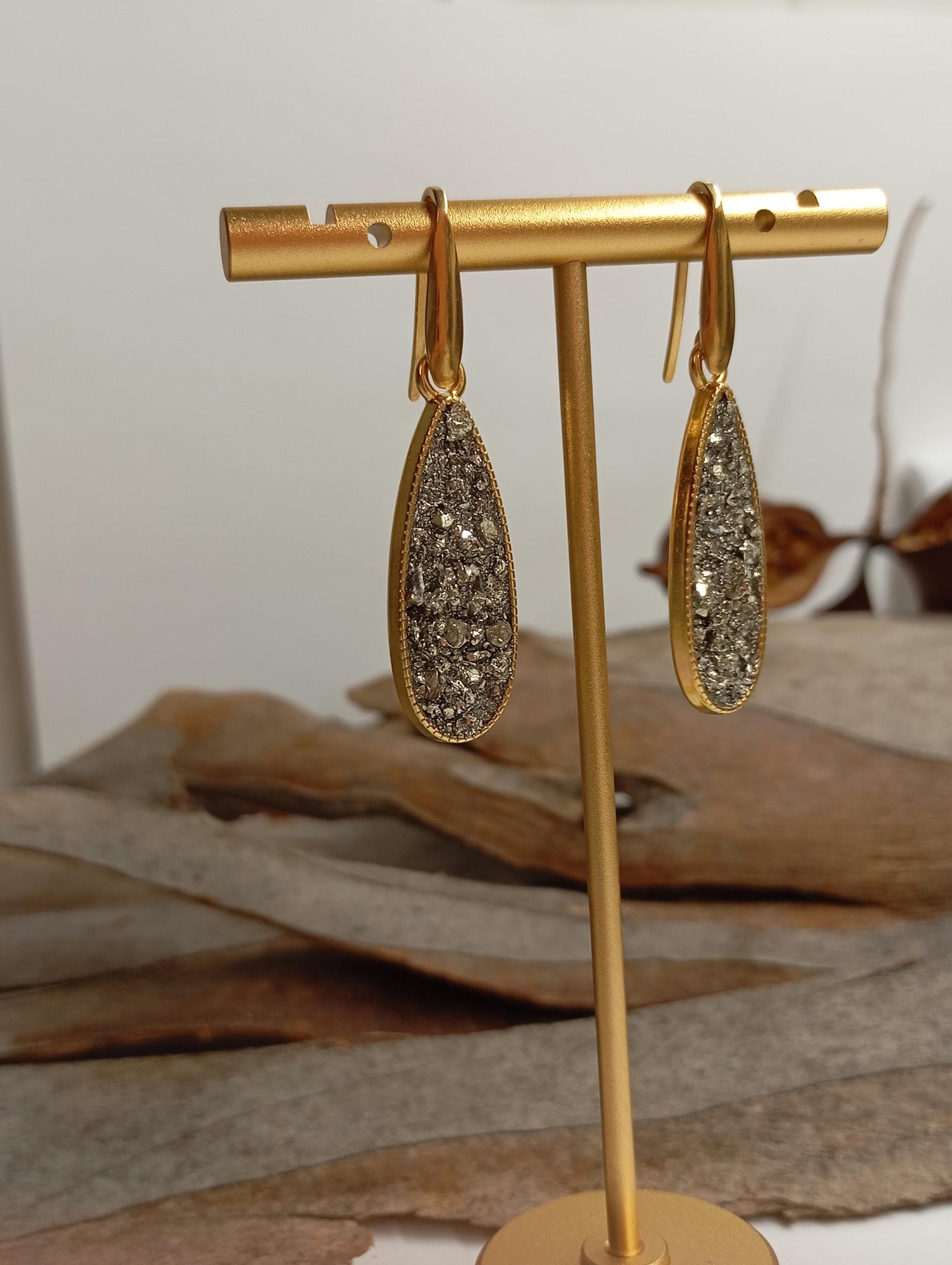 Natural Iron Pyrite Earrings, drop shape cabochon stainless steel gold plated, Healing Protection long dangling Dainty Elegant Gemstone