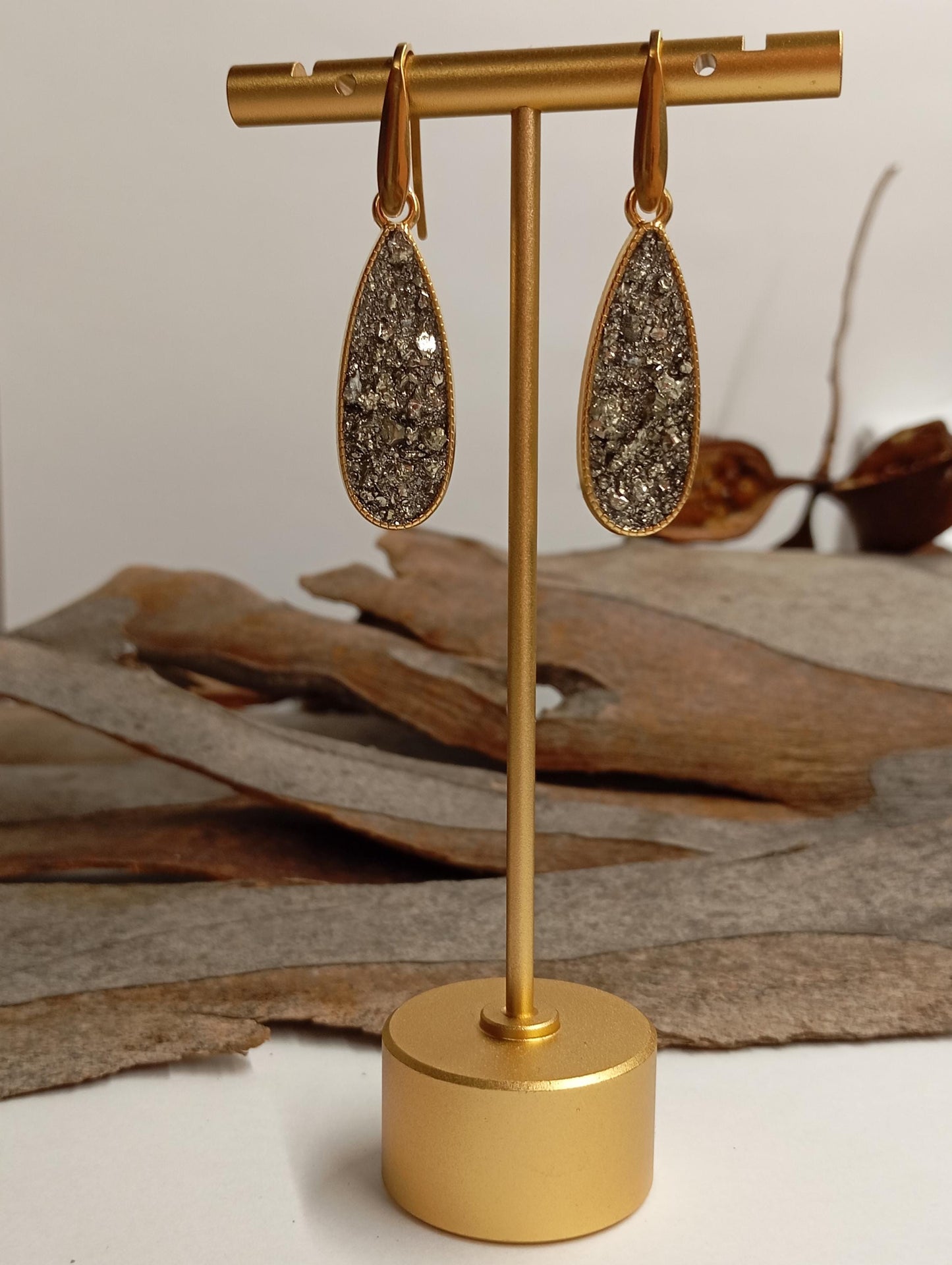 Natural Iron Pyrite Earrings, drop shape cabochon stainless steel gold plated, Healing Protection long dangling Dainty Elegant Gemstone