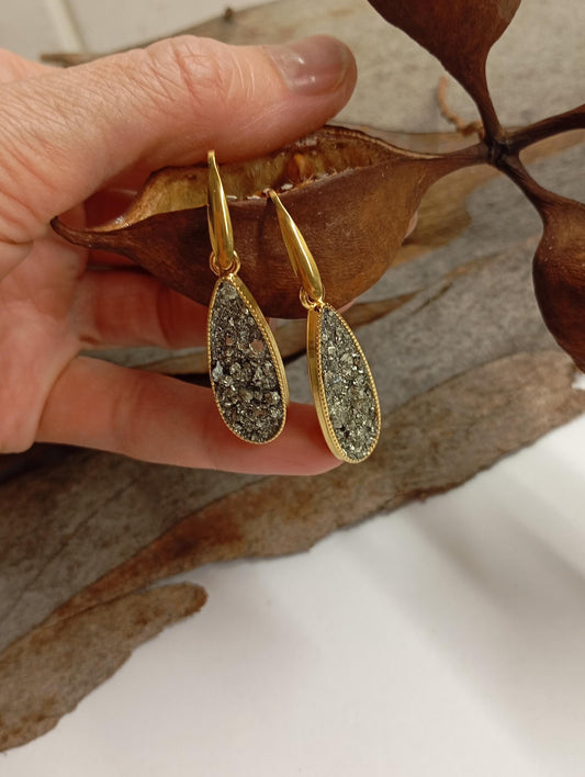 Natural Iron Pyrite Earrings, drop shape cabochon stainless steel gold plated, Healing Protection long dangling Dainty Elegant Gemstone