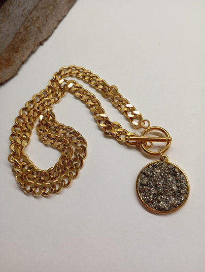 Pyrite Cubes Pendant Necklace, Round cobochon, thick chain, Wealth stone,Confidence, success, Protection Healing,Handmade Pyrite Jewellery