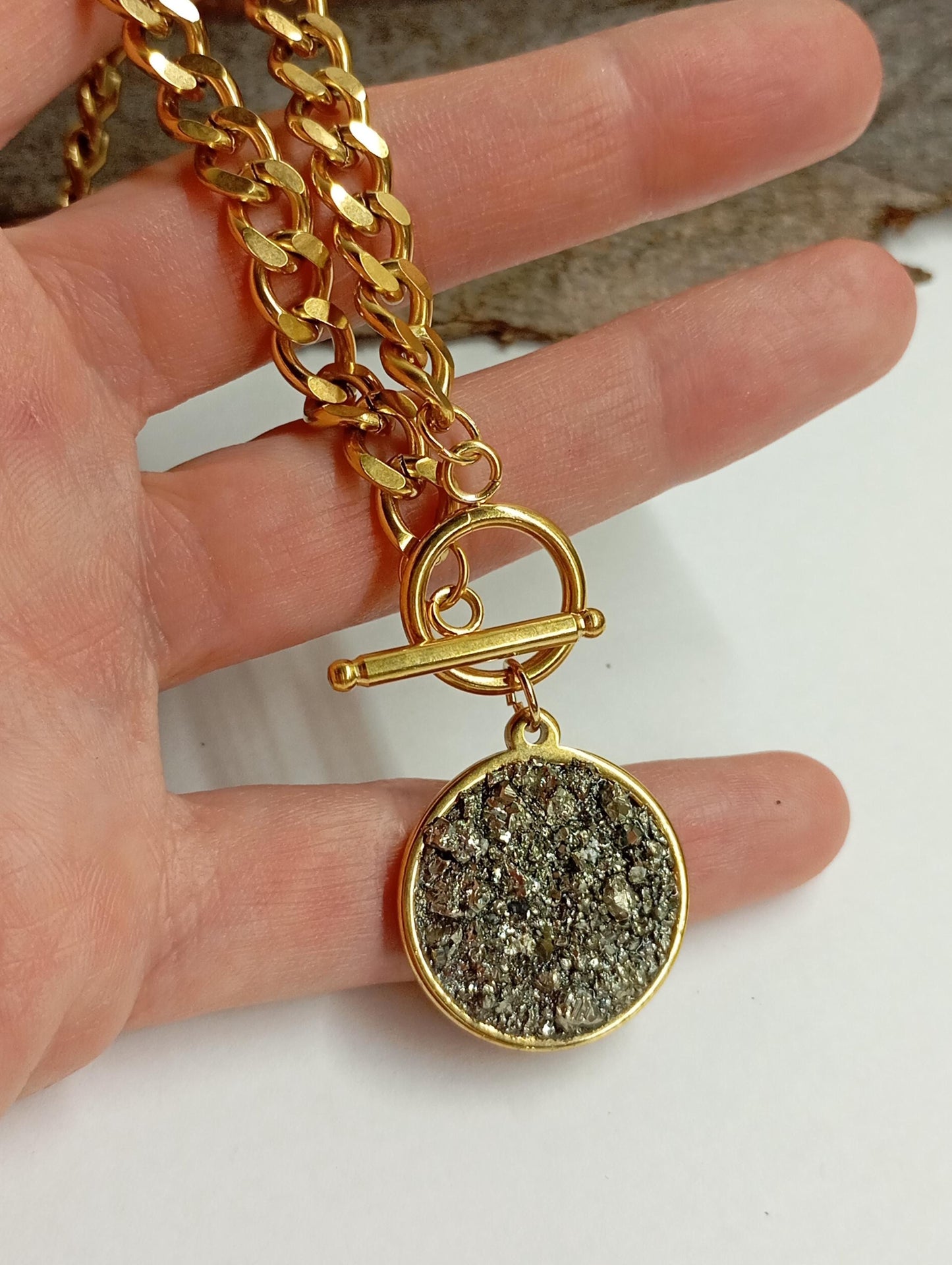 Pyrite Cubes Pendant Necklace, Round cobochon, thick chain, Wealth stone,Confidence, success, Protection Healing,Handmade Pyrite Jewellery