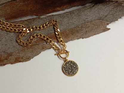 Pyrite Cubes Pendant Necklace, Round cobochon, thick chain, Wealth stone,Confidence, success, Protection Healing,Handmade Pyrite Jewellery