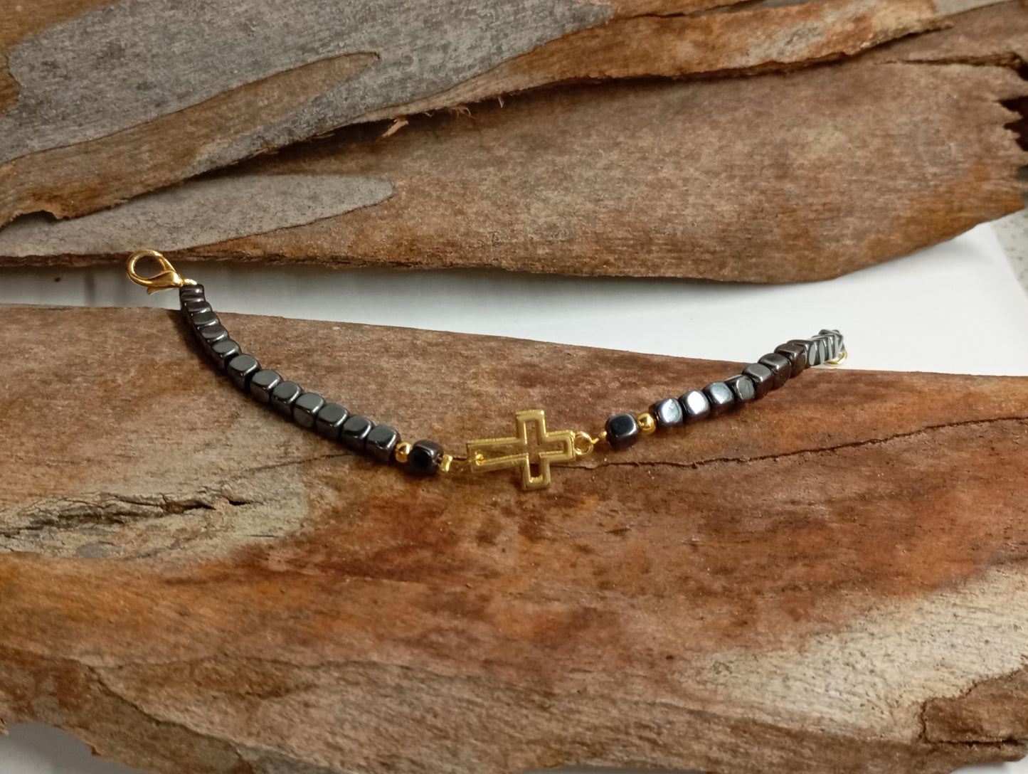 Hematite bracelet with gold plated hollow cross, hematite cubes beads, Gemstone, Healing, Energy, Grounding, Protection believer prayer