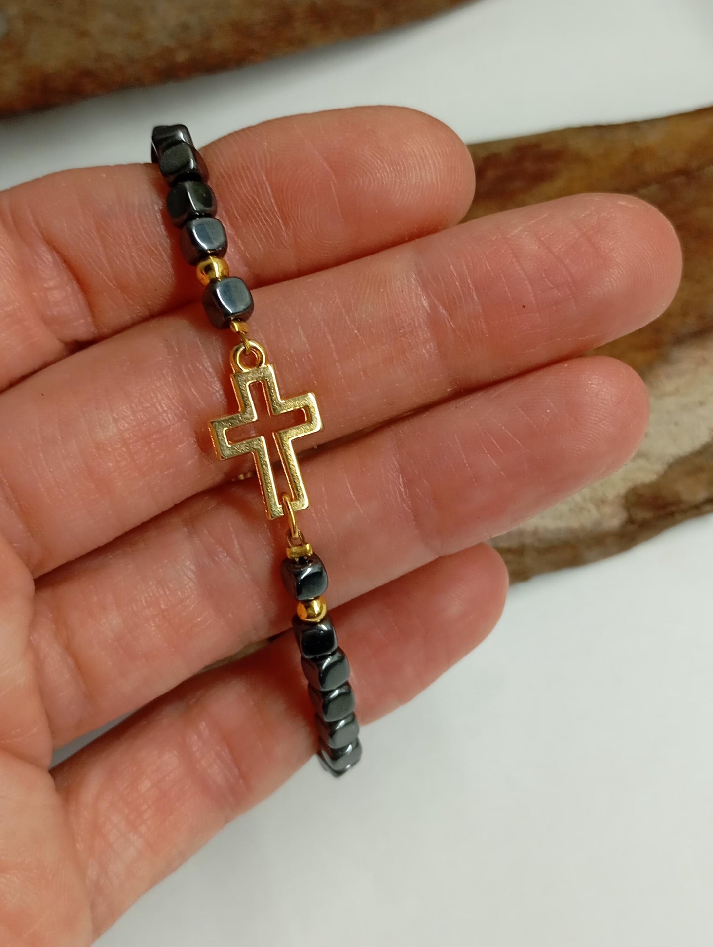 Hematite bracelet with gold plated hollow cross, hematite cubes beads, Gemstone, Healing, Energy, Grounding, Protection believer prayer