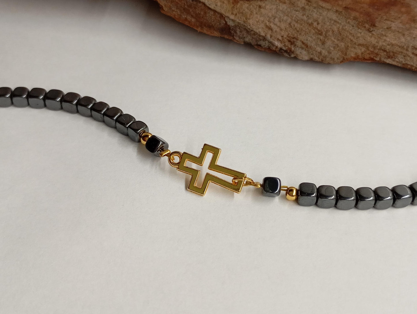 Hematite bracelet with gold plated hollow cross, hematite cubes beads, Gemstone, Healing, Energy, Grounding, Protection believer prayer