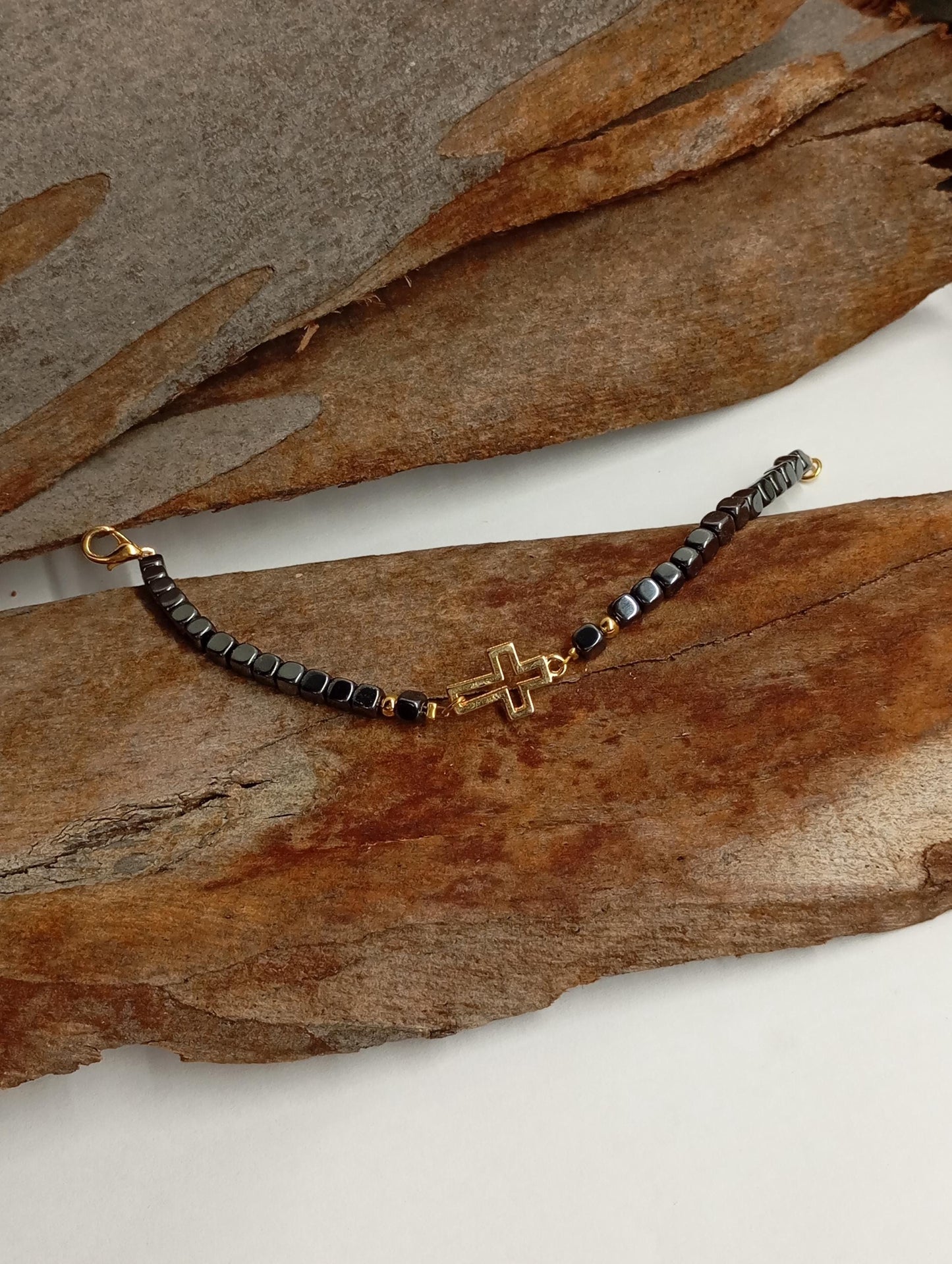Hematite bracelet with gold plated hollow cross, hematite cubes beads, Gemstone, Healing, Energy, Grounding, Protection believer prayer