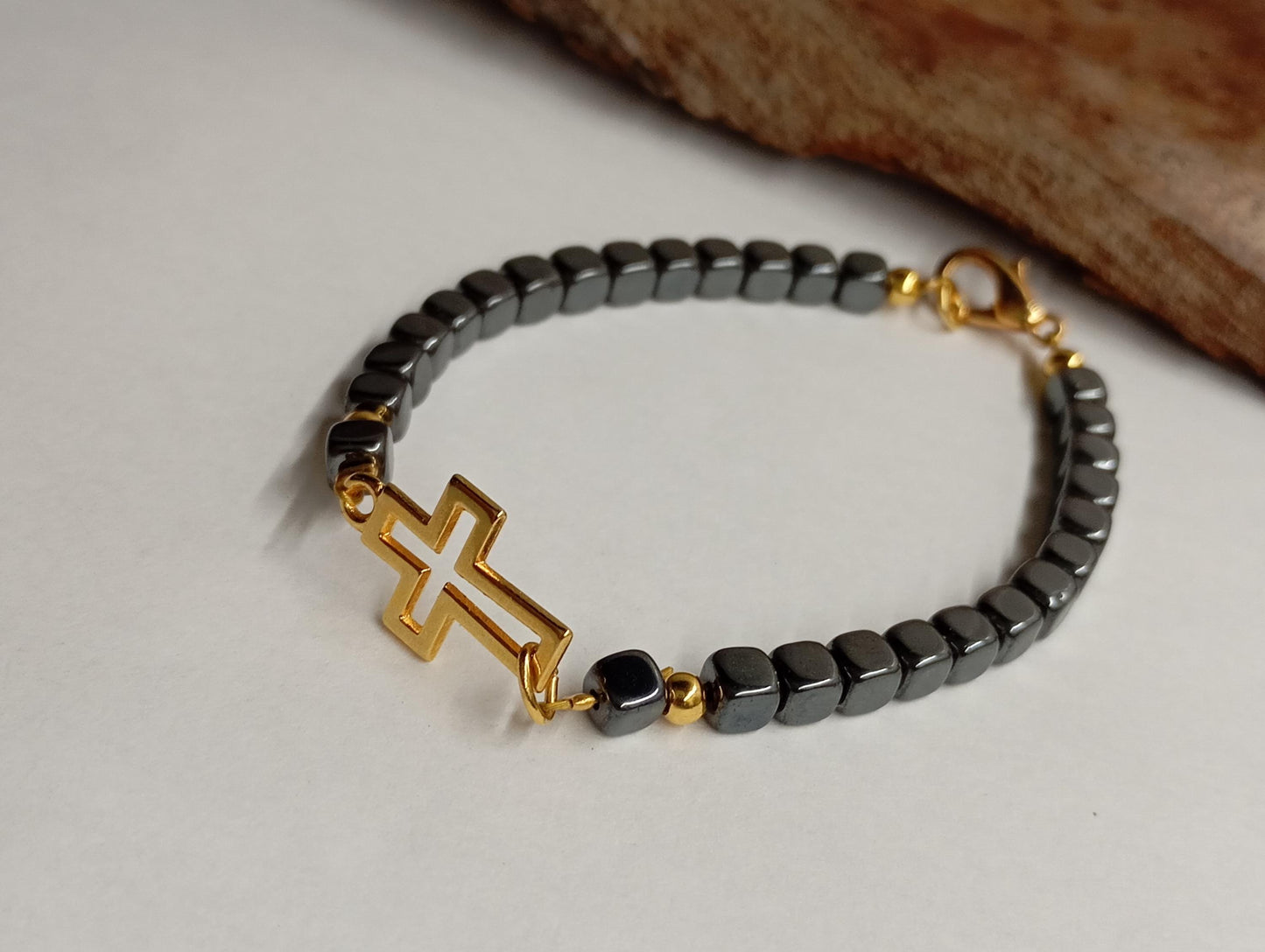 Hematite bracelet with gold plated hollow cross, hematite cubes beads, Gemstone, Healing, Energy, Grounding, Protection believer prayer