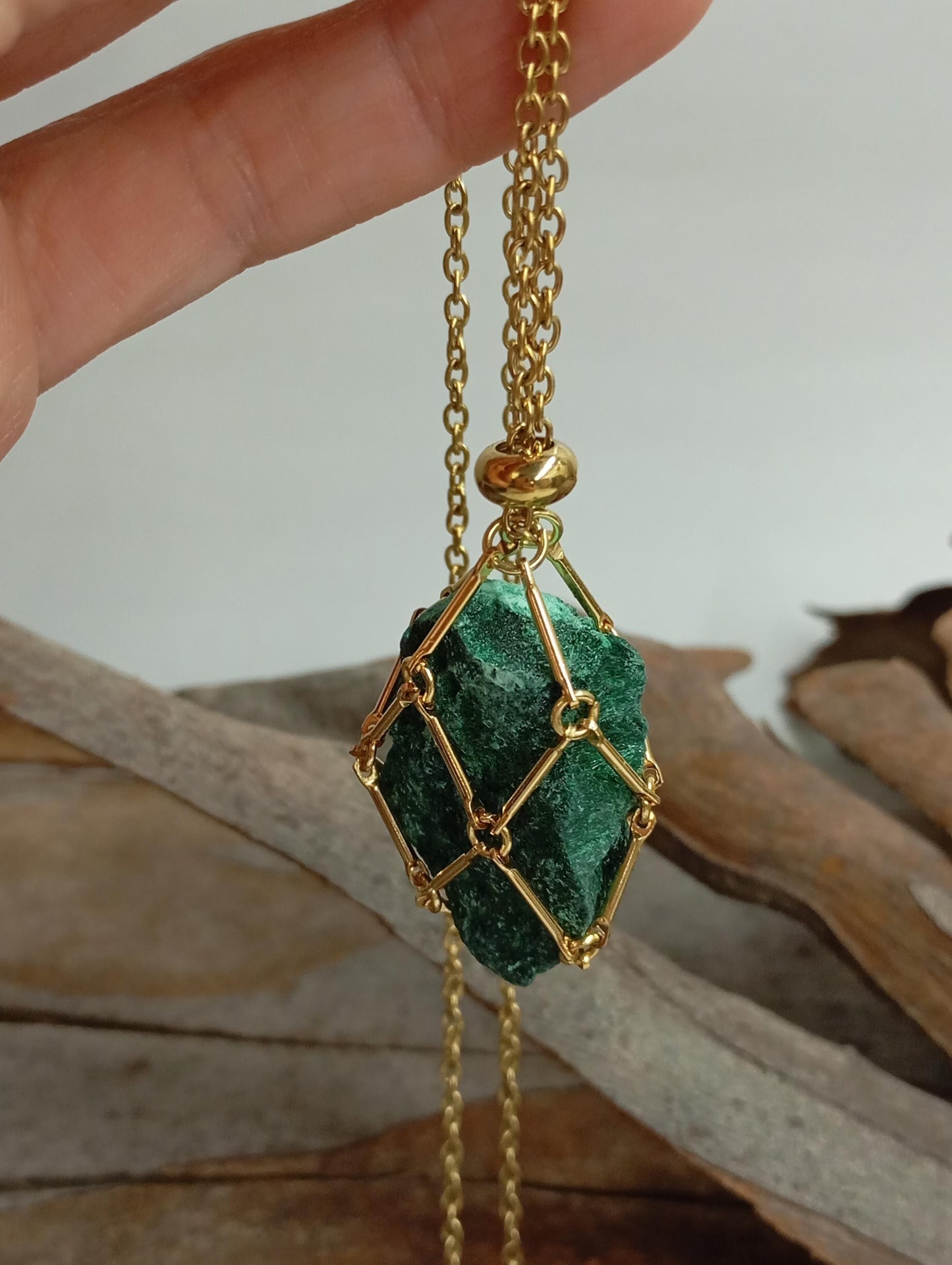 Natural Raw Malachite replaceable crystal stainless steel Cage Holder Crystal Pendant chain Necklace, Protection Healing Jewelry