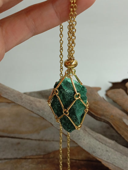 Natural Raw Malachite replaceable crystal stainless steel Cage Holder Crystal Pendant chain Necklace, Protection Healing Jewelry