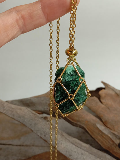 Natural Raw Malachite replaceable crystal stainless steel Cage Holder Crystal Pendant chain Necklace, Protection Healing Jewelry