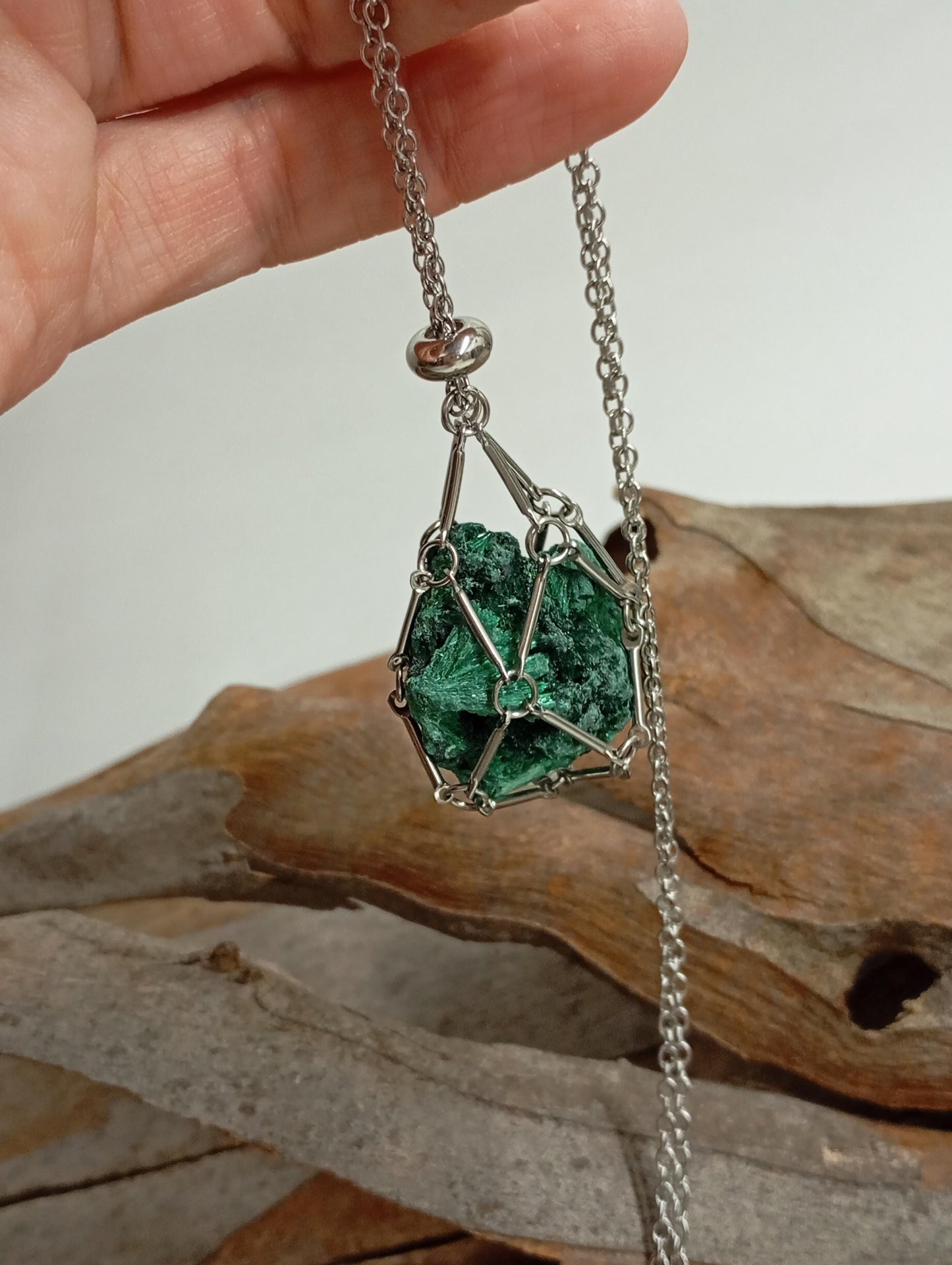 Natural Raw Malachite replaceable crystal stainless steel Cage Holder Crystal Pendant chain Necklace, Protection Healing Jewelry