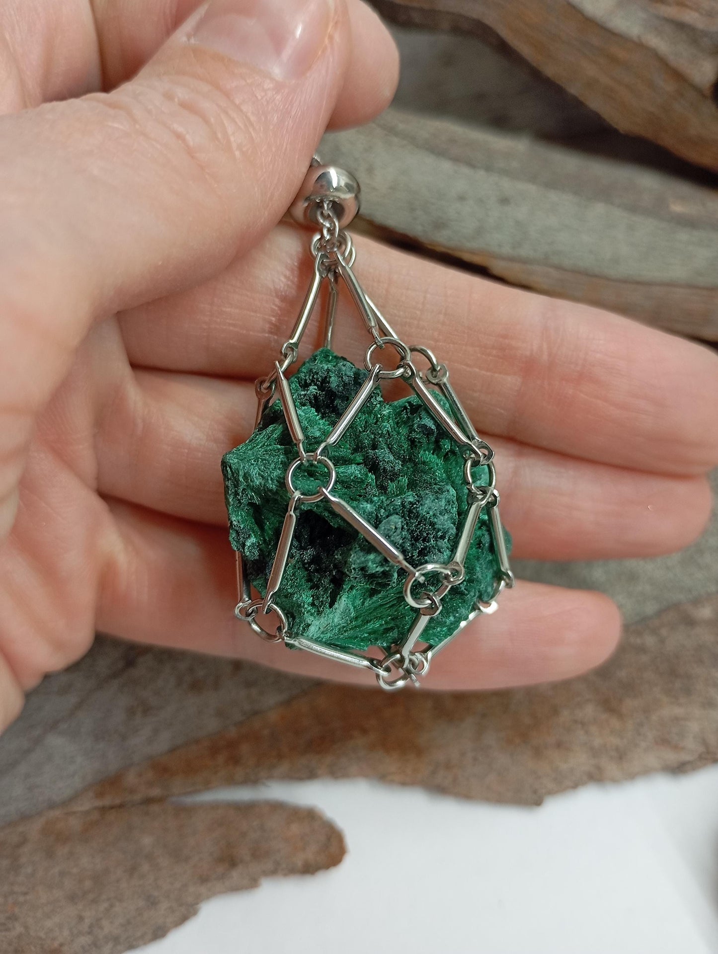 Natural Raw Malachite replaceable crystal stainless steel Cage Holder Crystal Pendant chain Necklace, Protection Healing Jewelry