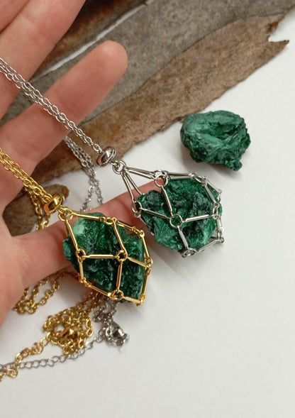 Natural Raw Malachite replaceable crystal stainless steel Cage Holder Crystal Pendant chain Necklace, Protection Healing Jewelry