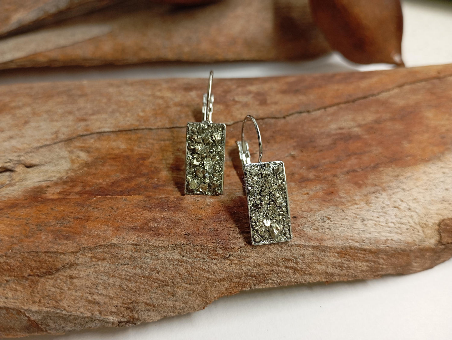 Pyrite rectangular Earrings, Healing Protection, Catching eye, Sparkly crystals, Dainty Elegant Evening Wedding Party Natural Gemstone