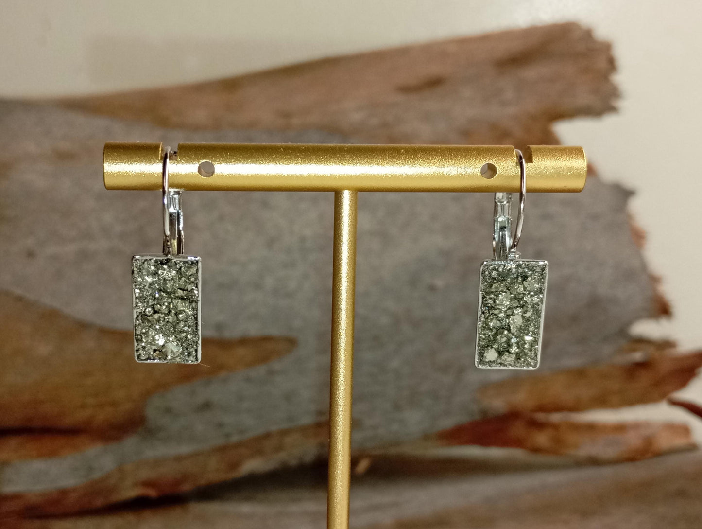 Pyrite rectangular Earrings, Healing Protection, Catching eye, Sparkly crystals, Dainty Elegant Evening Wedding Party Natural Gemstone