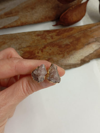 Strawberry Quartz Stud Earrings – Gold Plated Pink Raw Gemstone