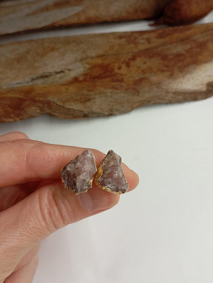 Strawberry Quartz Stud Earrings – Gold Plated Pink Raw Gemstone