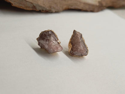 Strawberry Quartz Stud Earrings – Gold Plated Pink Raw Gemstone