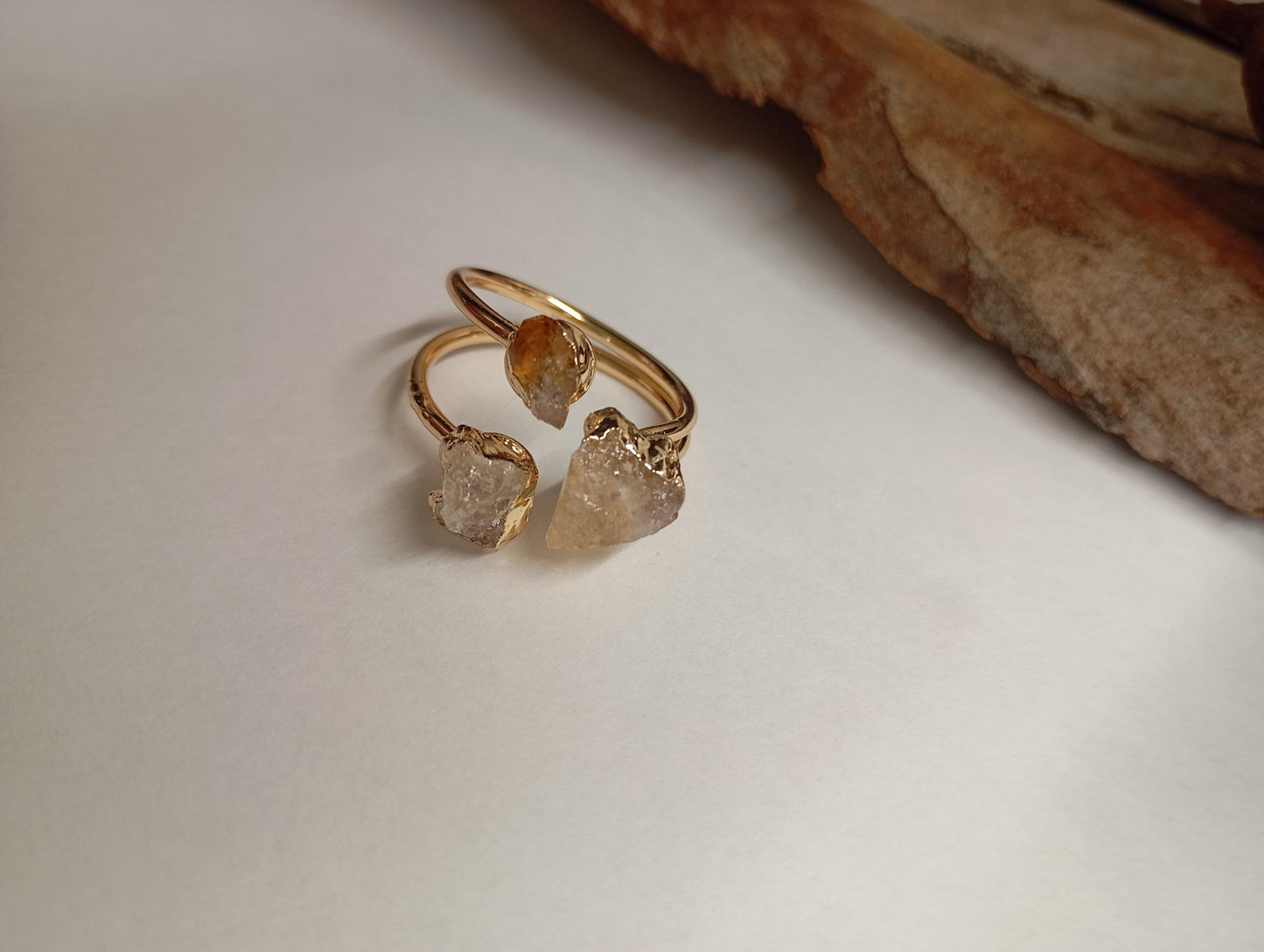 Raw Citrine three crystals gold edge crystal open finger ring, gemstone, exquisite dainty elegant, wedding, gift for women, healing mascot