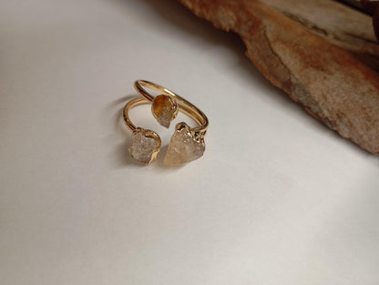 Raw Citrine three crystals gold edge crystal open finger ring, gemstone, exquisite dainty elegant, wedding, gift for women, healing mascot