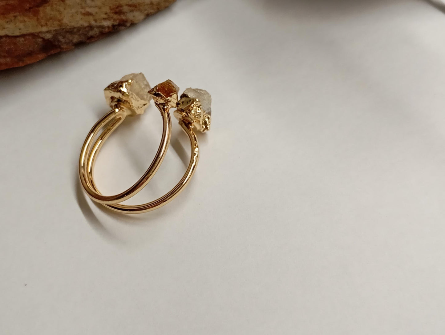 Raw Citrine three crystals gold edge crystal open finger ring, gemstone, exquisite dainty elegant, wedding, gift for women, healing mascot