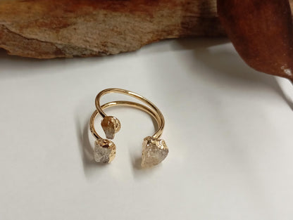 Raw Citrine three crystals gold edge crystal open finger ring, gemstone, exquisite dainty elegant, wedding, gift for women, healing mascot