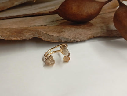 Raw Citrine three crystals gold edge crystal open finger ring, gemstone, exquisite dainty elegant, wedding, gift for women, healing mascot