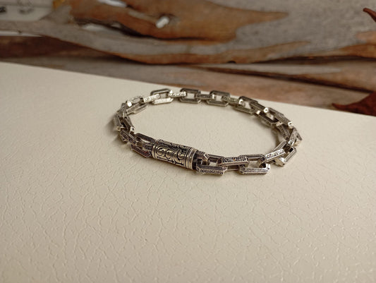 Vintage Stainless steel Byzantine Chain Bracelet with grass pattern, Antique Style Jewelry for Men or Women, gift for him or her