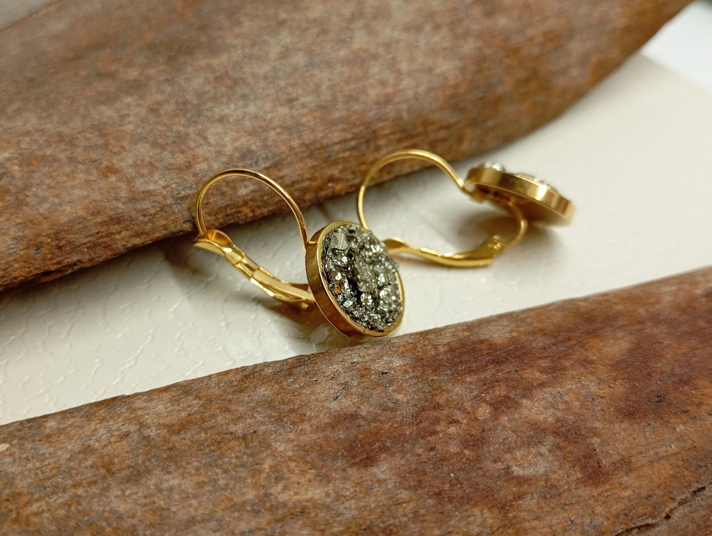 Gold-Plated Stainless Steel Earrings with Natural Pyrite – Elegant Handmade Jewelry,  Protection, Catching eye, Sparkly crystals