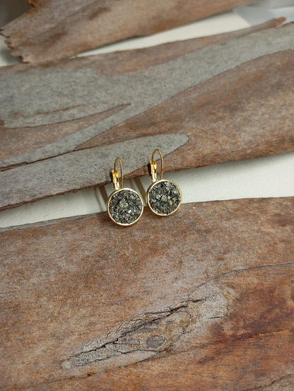 Gold-Plated Stainless Steel Earrings with Natural Pyrite – Elegant Handmade Jewelry,  Protection, Catching eye, Sparkly crystals