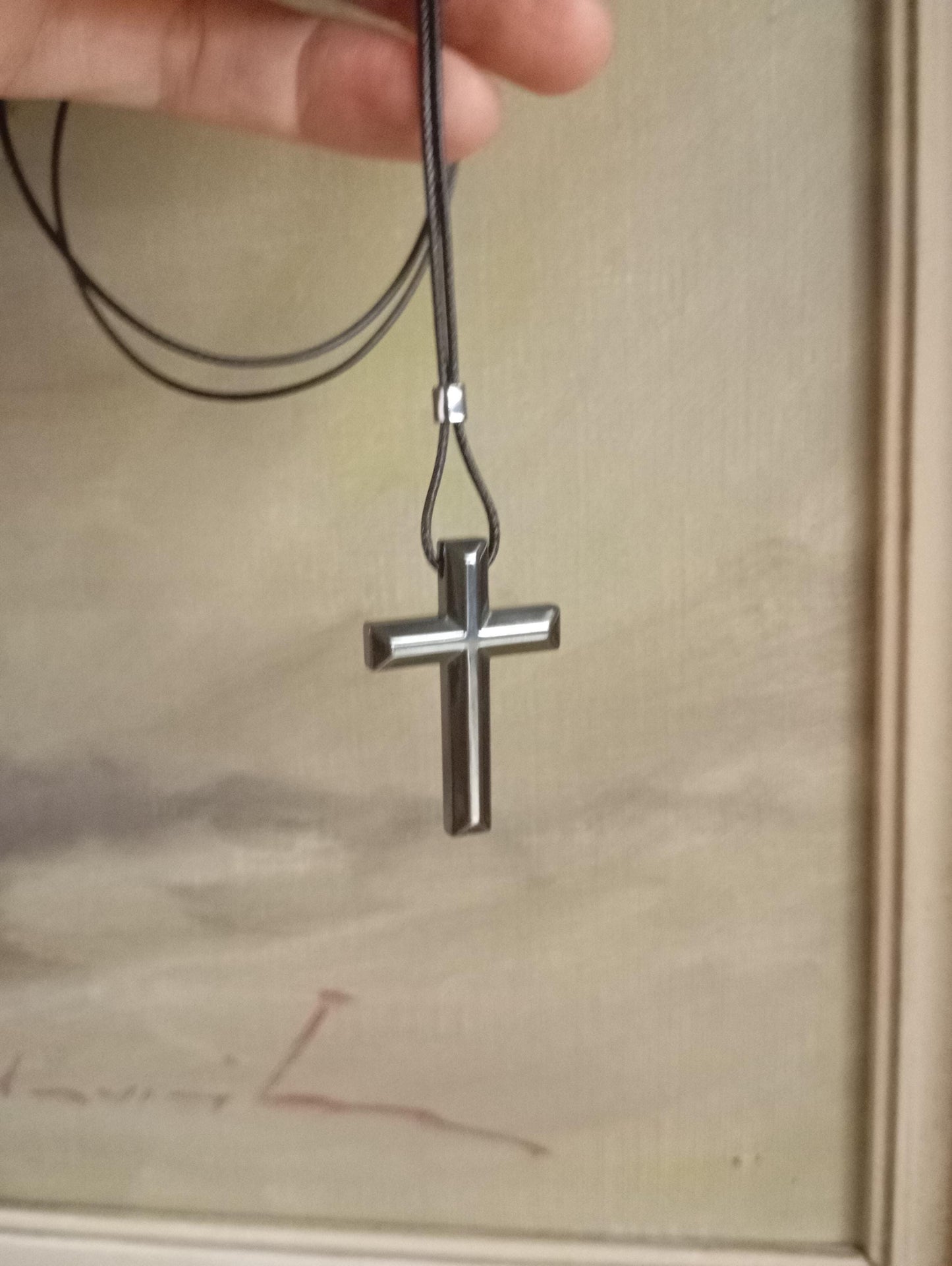 Hematite Cross Pendant Necklace,  Christian Religious Classic Cross Gemstone Cross, black cord necklace Men  Gift for beliver, prayer