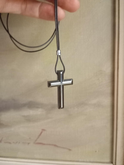 Hematite Cross Pendant Necklace,  Christian Religious Classic Cross Gemstone Cross, black cord necklace Men  Gift for beliver, prayer