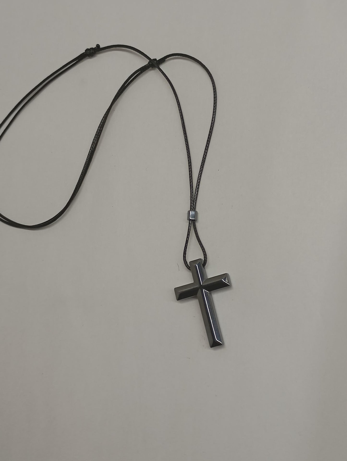 Hematite Cross Pendant Necklace,  Christian Religious Classic Cross Gemstone Cross, black cord necklace Men  Gift for beliver, prayer