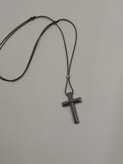 Hematite Cross Pendant Necklace,  Christian Religious Classic Cross Gemstone Cross, black cord necklace Men  Gift for beliver, prayer