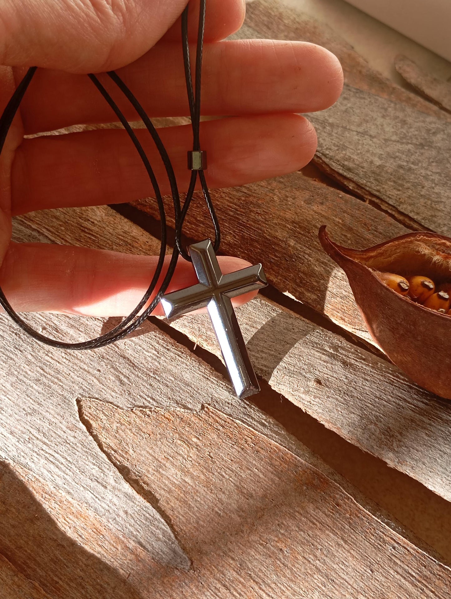 Hematite Cross Pendant Necklace,  Christian Religious Classic Cross Gemstone Cross, black cord necklace Men  Gift for beliver, prayer