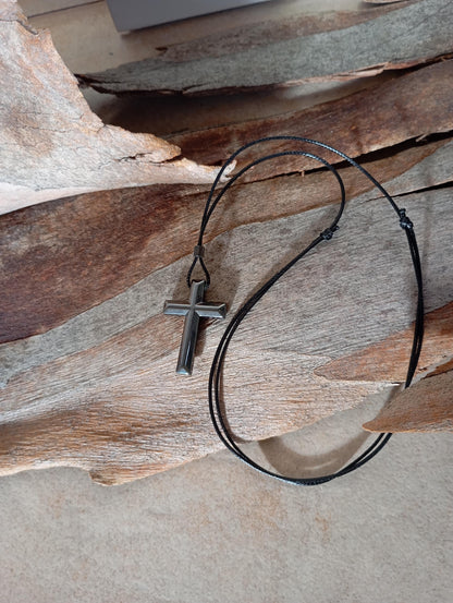 Hematite Cross Pendant Necklace,  Christian Religious Classic Cross Gemstone Cross, black cord necklace Men  Gift for beliver, prayer