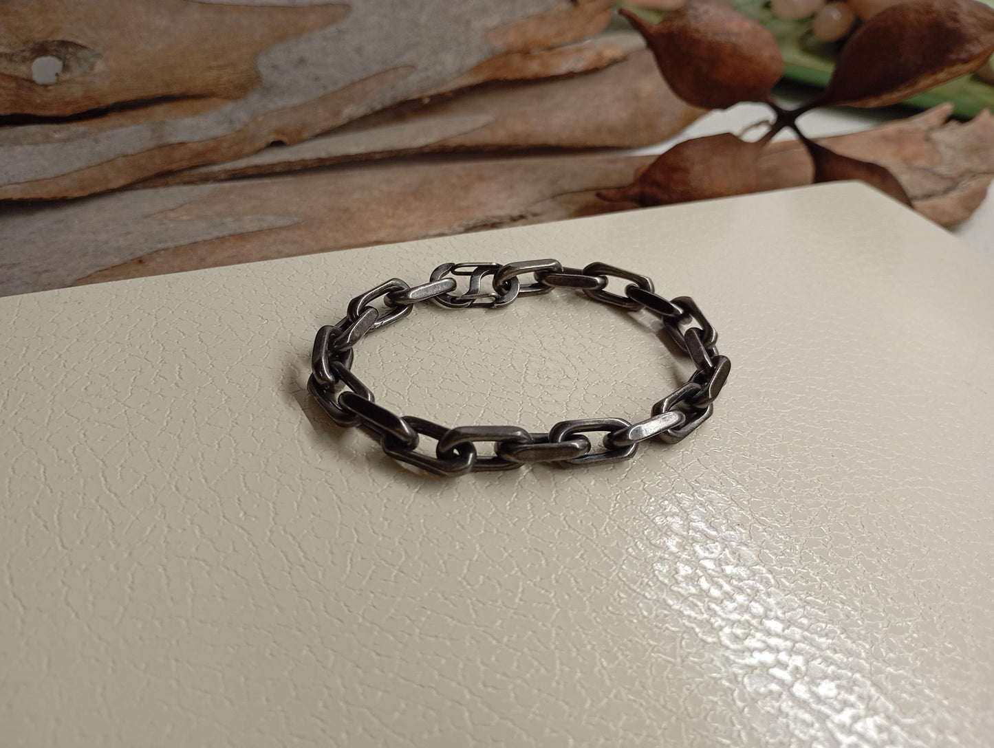 Handmade Rustic Oxidized Steel Chain Bracelet – Chunky Industrial-Style with Hook Clasp, bicycle chain