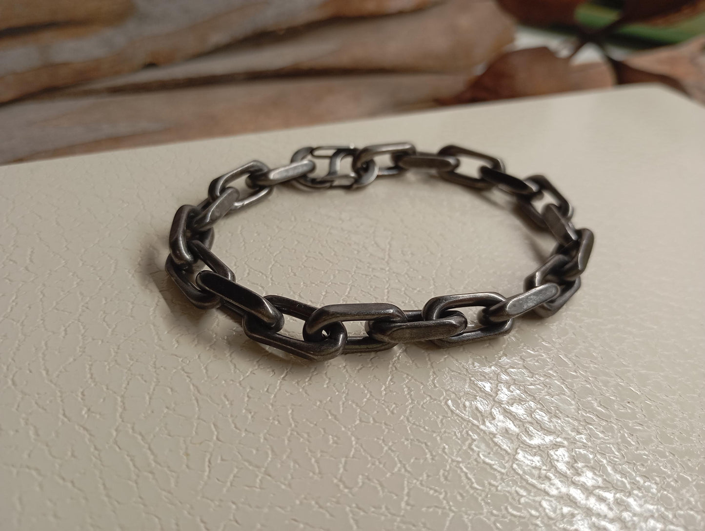 Handmade Rustic Oxidized Steel Chain Bracelet  Chunky Industrial-Style with Hook Clasp, bicycle chain