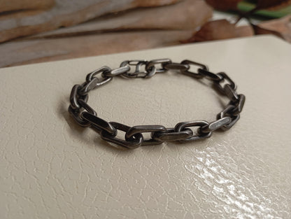 Handmade Rustic Oxidized Steel Chain Bracelet  Chunky Industrial-Style with Hook Clasp, bicycle chain
