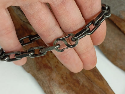 Handmade Rustic Oxidized Steel Chain Bracelet  Chunky Industrial-Style with Hook Clasp, bicycle chain