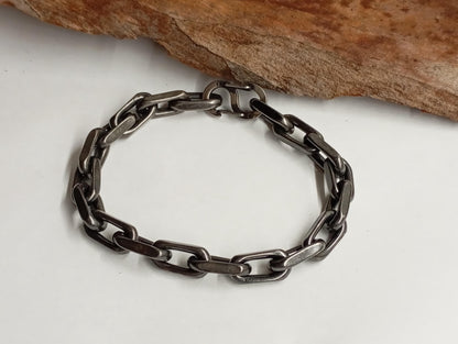 Handmade Rustic Oxidized Steel Chain Bracelet  Chunky Industrial-Style with Hook Clasp, bicycle chain