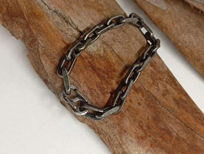 Handmade Rustic Oxidized Steel Chain Bracelet – Chunky Industrial-Style with Hook Clasp, bicycle chain