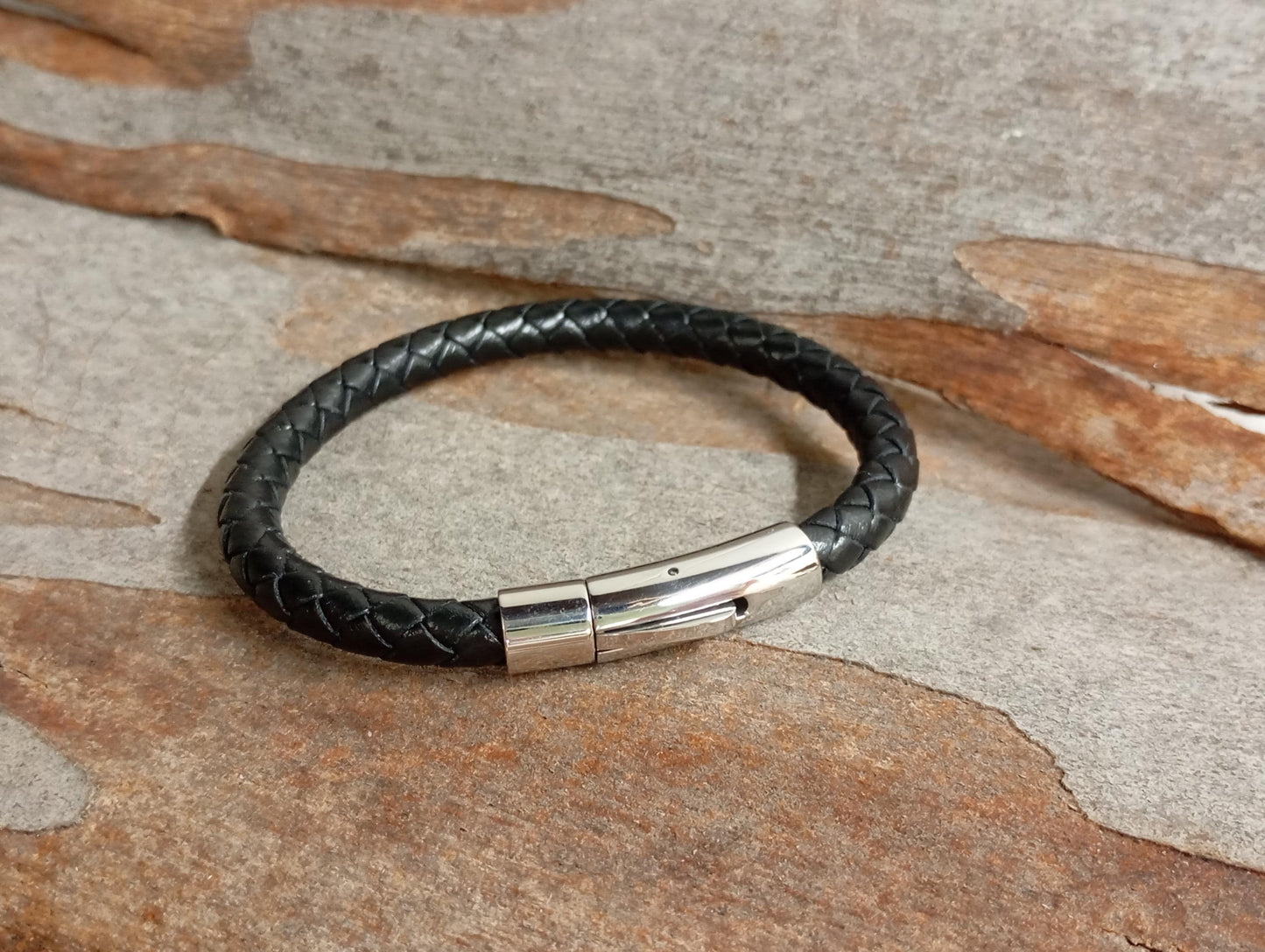 Men's Braided Leather Bracelet – Thick Black Rope with Stainless Steel Button Closure, Minimalist Gift for Him, Handmade Men's Jewelry