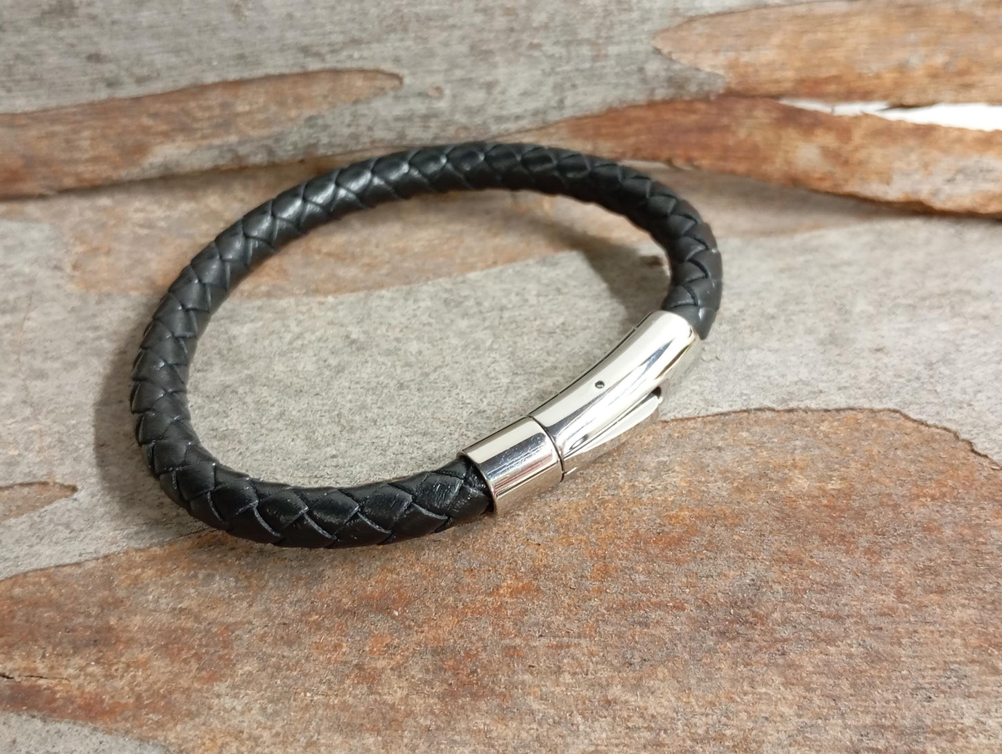 Men's Braided Leather Bracelet – Thick Black Rope with Stainless Steel Button Closure, Minimalist Gift for Him, Handmade Men's Jewelry