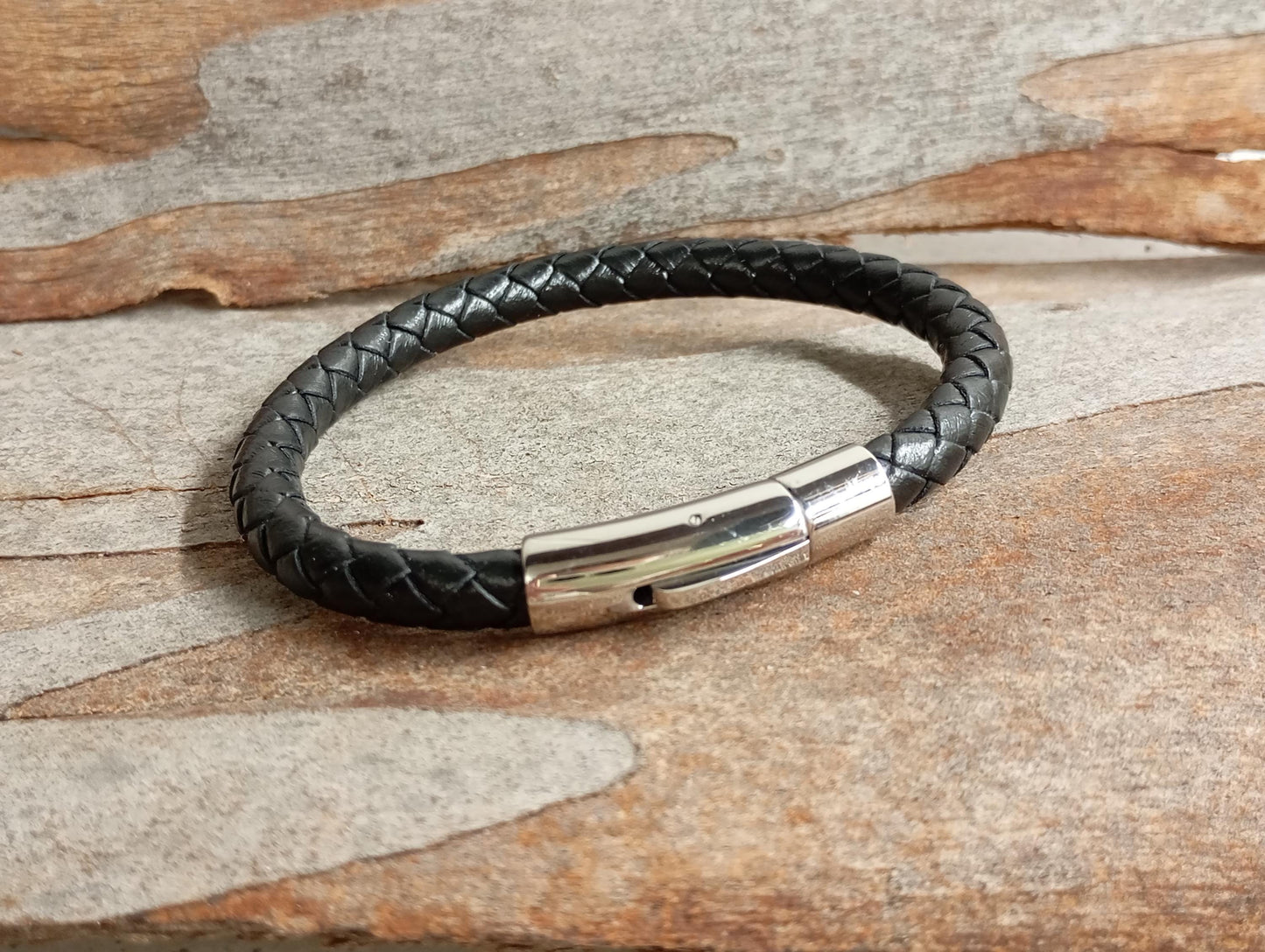Men's Braided Leather Bracelet – Thick Black Rope with Stainless Steel Button Closure, Minimalist Gift for Him, Handmade Men's Jewelry